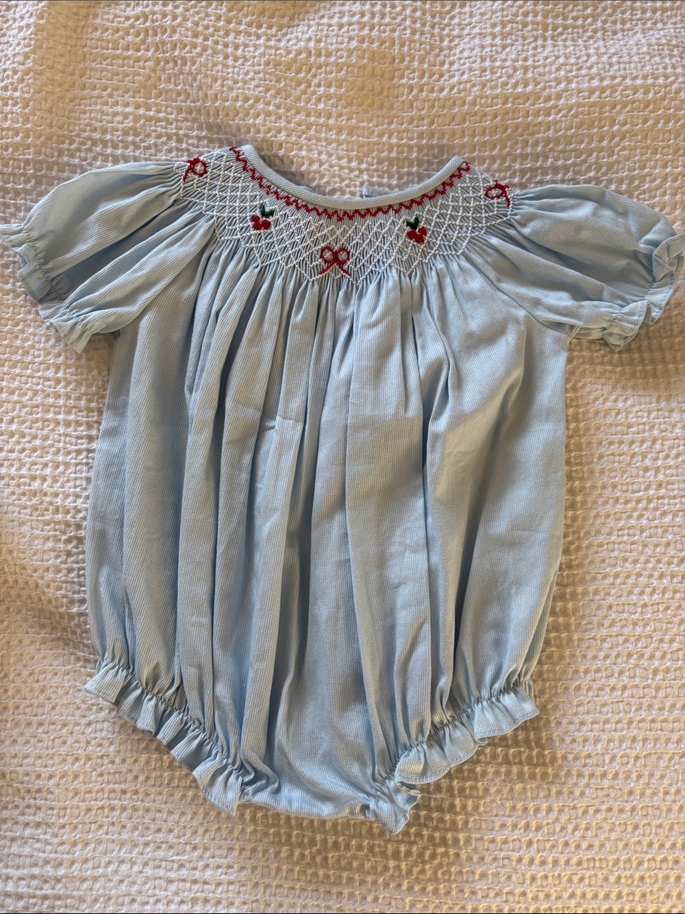 LITTLE English Smocked Light Blue Bubble Romper w/ Red & Green Embroidery